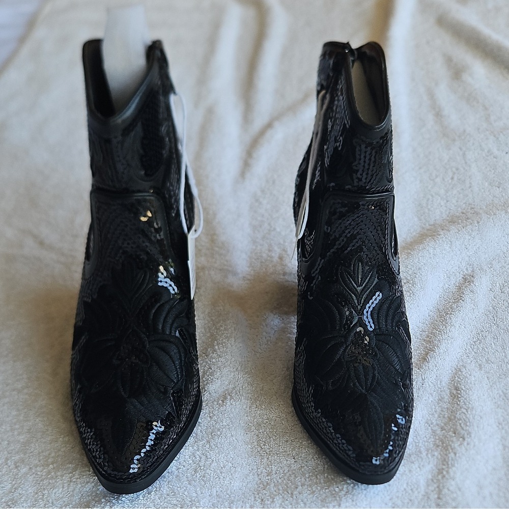 J.Adams Shoes Cassidy Black Sequin Western Ankle Bootie Side‎ Zip Pointed Toe 6
